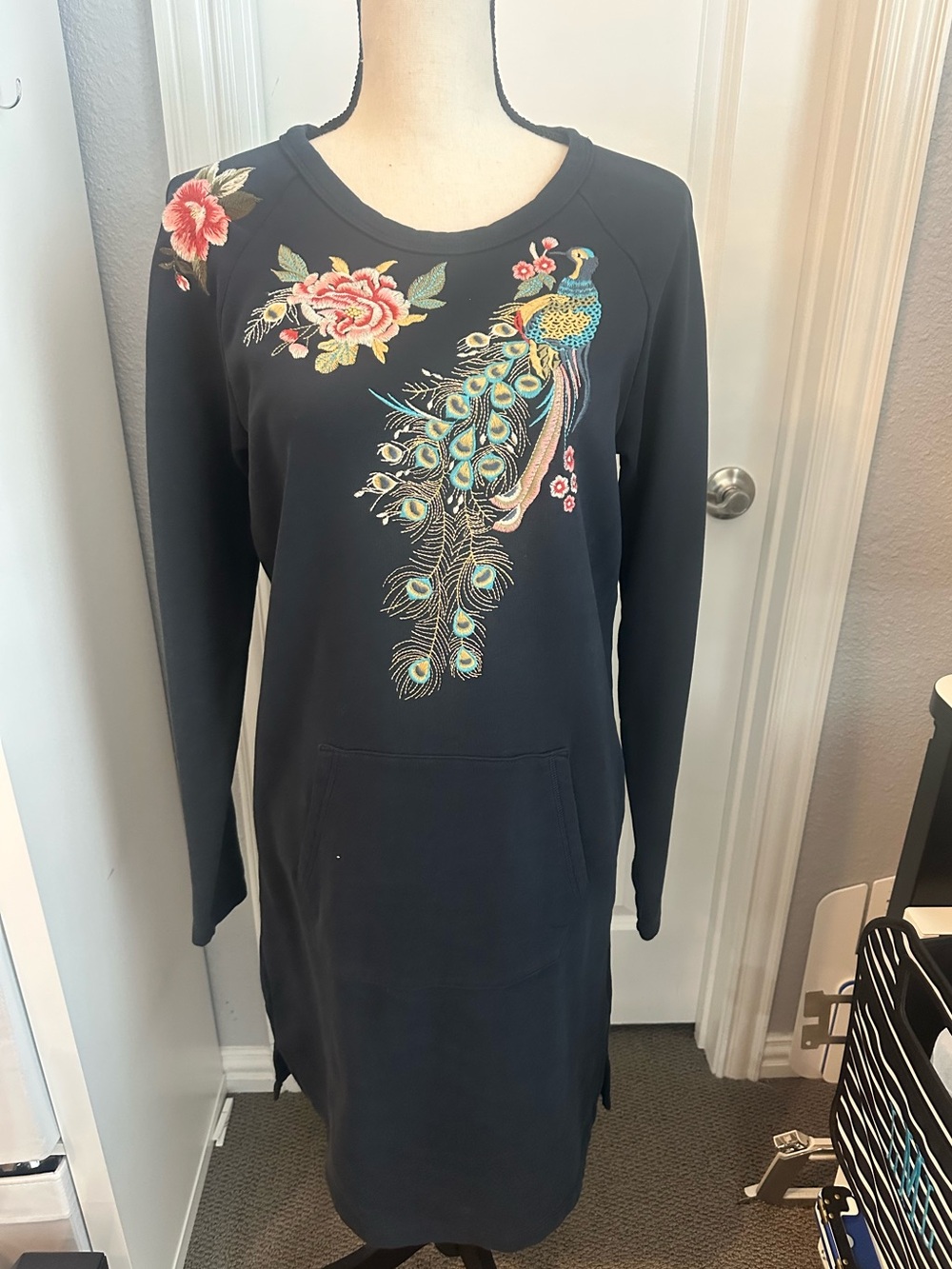 DRIFTWOOD Black Long-Sleeve Sweatshirt Dress with Embroidered Peacock